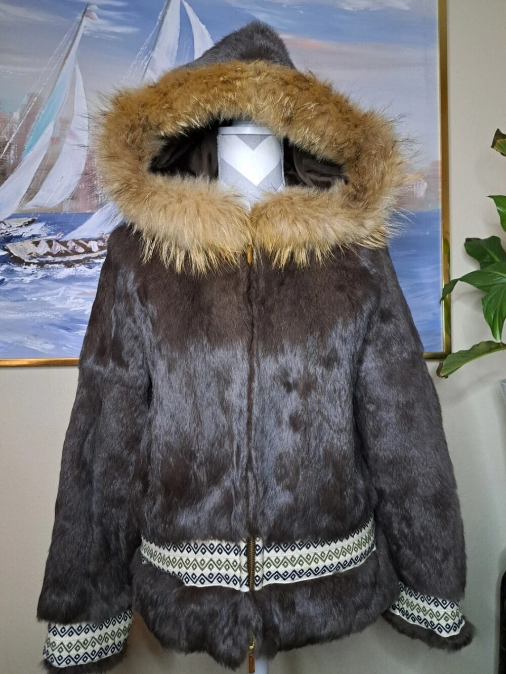 Tory Burch Brown Rabbit Fur Hooded Jacket with Tan Trim